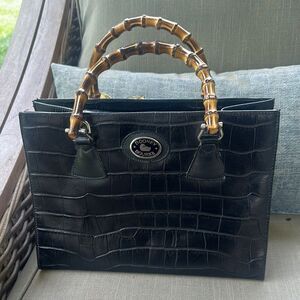 Dooney & Bourke Black Croc Leather Satchel Tote Bag Bamboo Handles